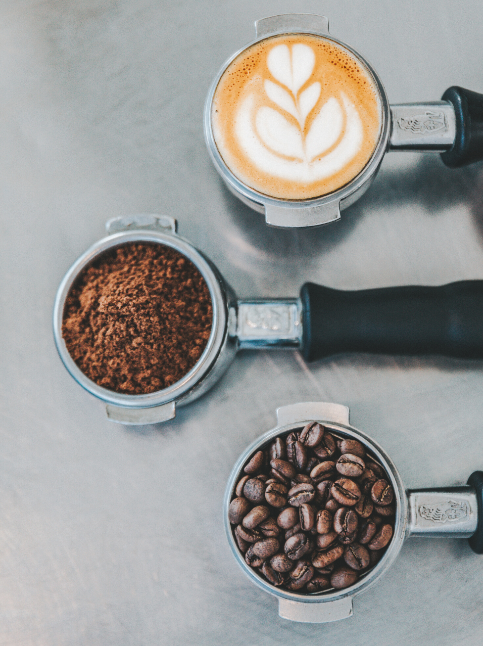 coffee beans, ground coffee, latte 